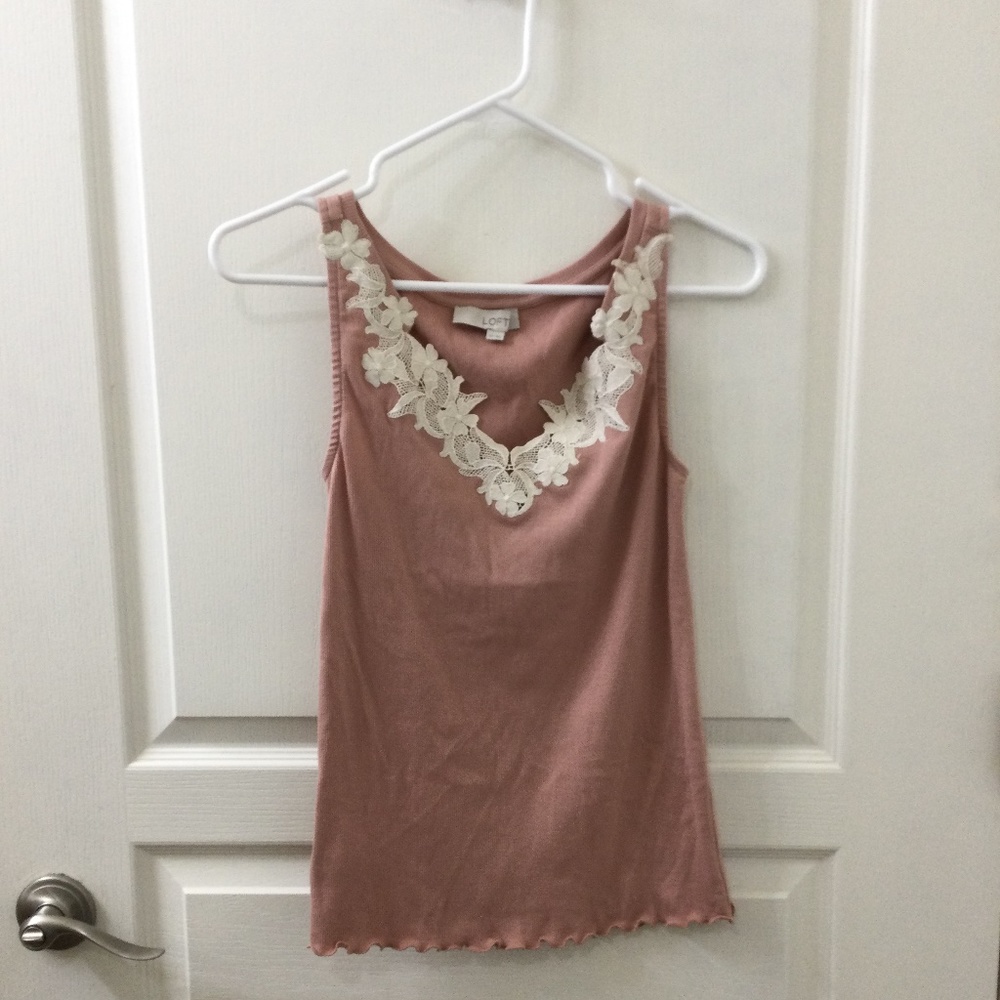 NWOT Loft Pink Tank Top with White Lace in XS